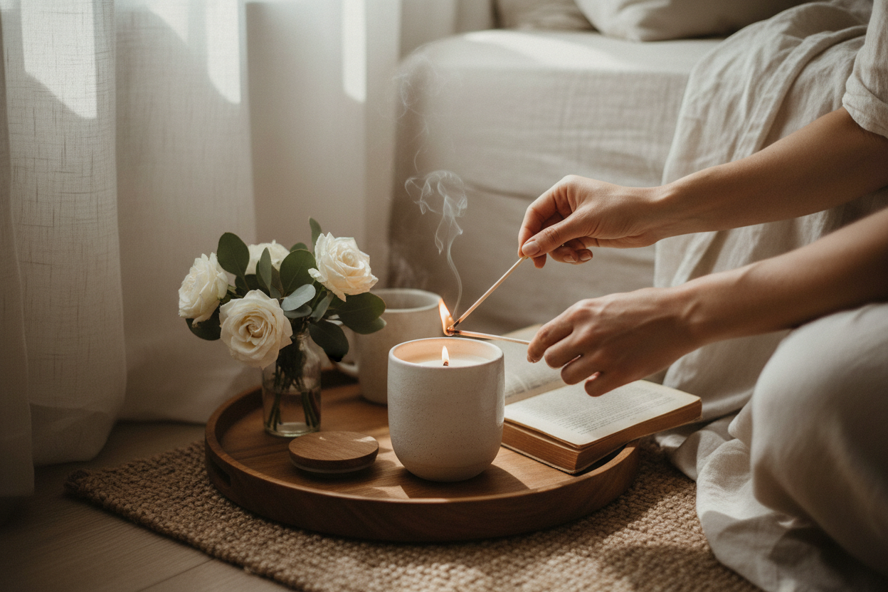 Woman lighting luxury candle ritual